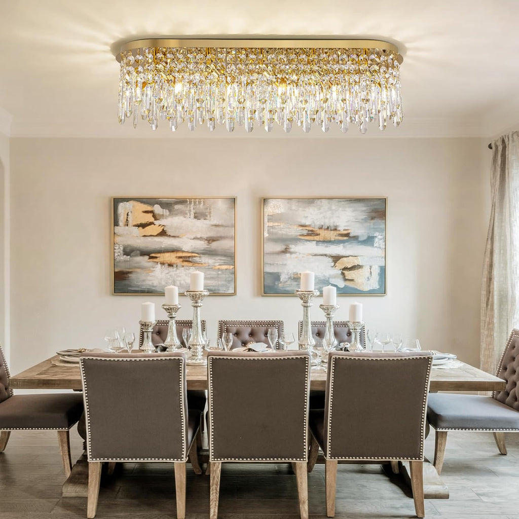 40'' Gold Crystal Chandelier for Dining Room, 10-Light Modern Flush Mount Crystal Ceiling Light, Luxury Dimmable K9