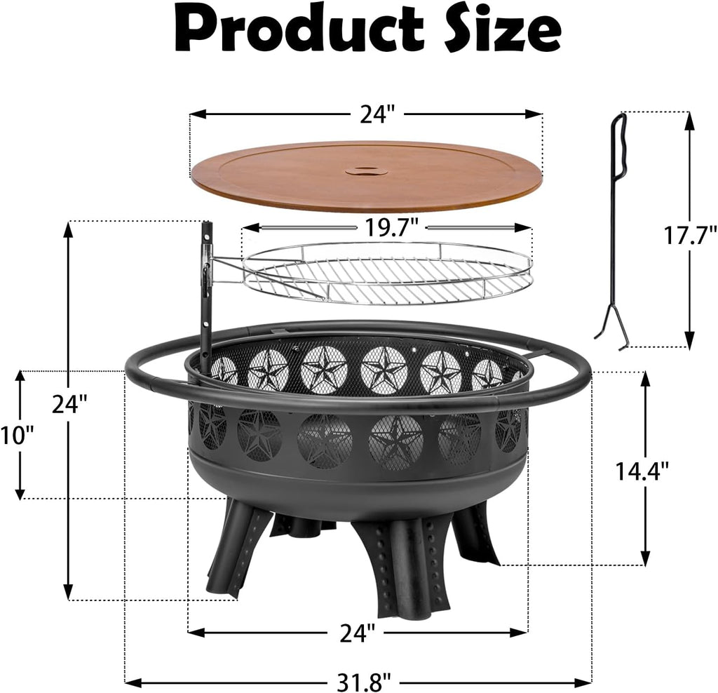 32 Inch Fire Pit with Swivel Cooking Grate,3-in-1 Wood Burning Firepit with Grill,Outdoor Fire Pits Table with Metal