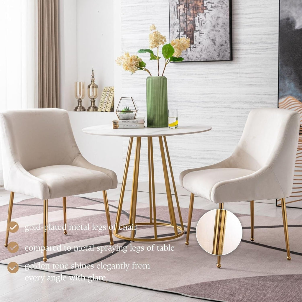 Cream Velvet Dining Chairs Gold Legs, Armless Upholstered Dining Room Chair | Set of 2 Padded Accent Chair with Wing