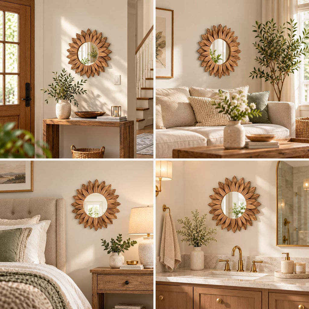 Sunburst Mirror, Solid Wood Boho Wall Mirror with Rustic Natural Brown Finish, Decorative Round Accent Mirror