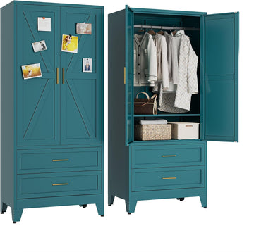 Metal Armoire Wardrobe Closet, Bedroom Armoires with Drawers | 71'' Metal Wardrobe Cabinet with 2 Doors and 2