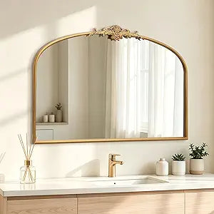 Antique Arched Gold Mirror: 40"X29" French Large Decorative Gold Vintage Wall Vanity Mirror - Baroque Traditional