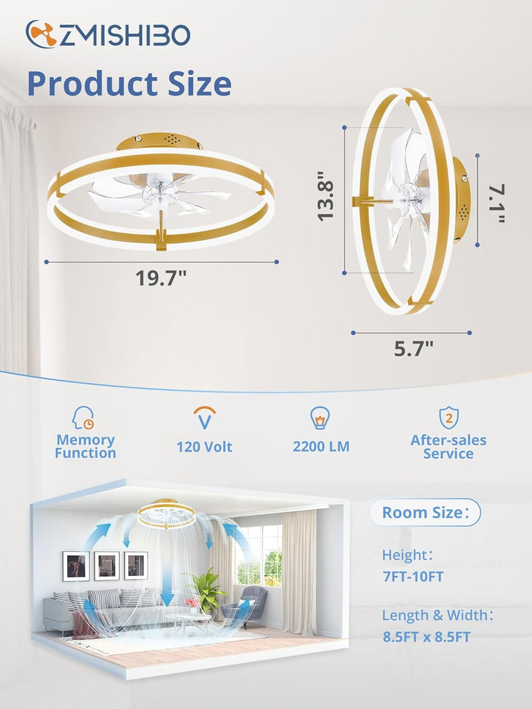 Ceiling Fans with Lights and Remote, 19.7'' Low Profile Ceiling Fan, 3000-6000K Dimmable Modern Flush Mount LED Fan Light, 6 Wind Speeds, Gold Fandelier Ceiling Fans for Bedroom