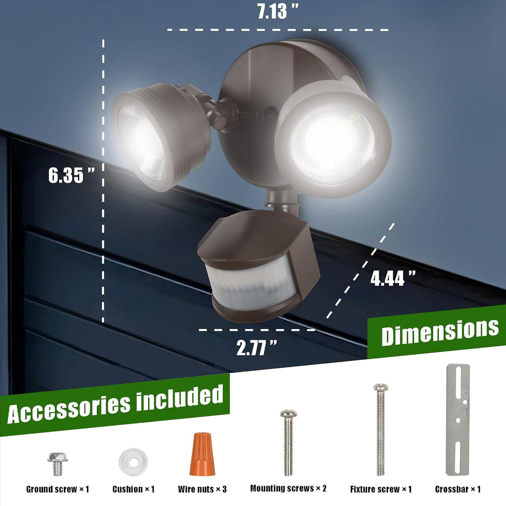 Outdoor LED Two-Head Security Flood Light, Motion Sensor, Adjustable Beam Angle Light Coverages, Adjustable