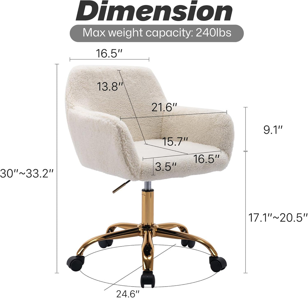 Faux Fur Office Desk Chair, Comfy Swivel Armchair with Wheels, Upholstered Fuzzy Vanity Chair, Adjustable Height, White