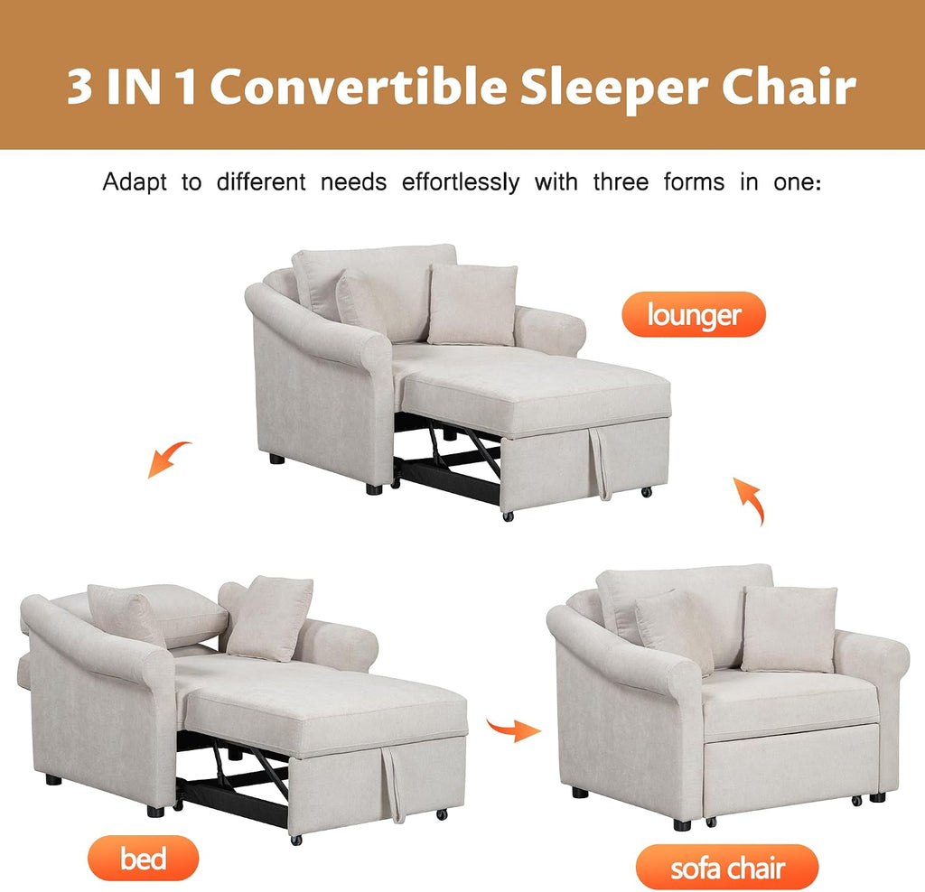 Convertible Sleeper Chair with Adjustable Backrest and Pillows, 3-in-1 Chenille Lounge Chair to Single Bed, Living