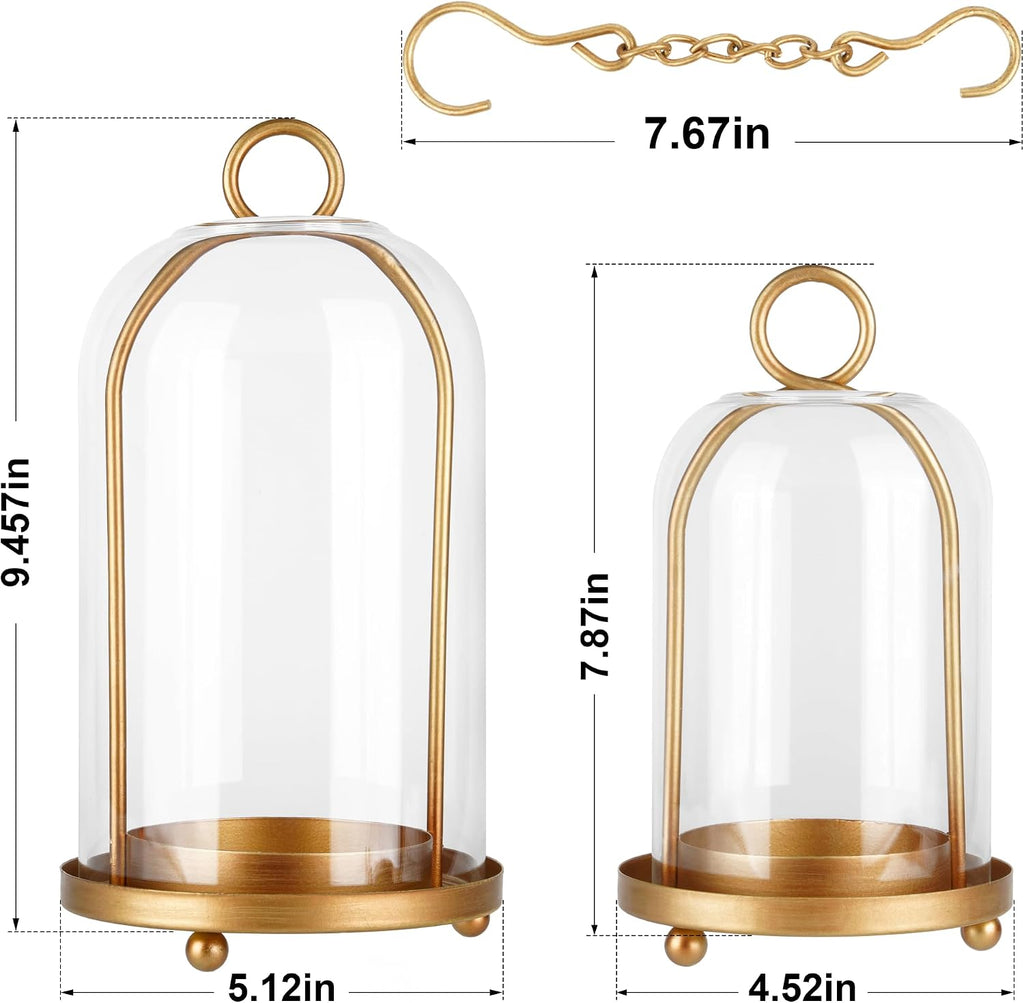 Glass Hurricane Candle Holder Decorative Gold Candle Lantern, Pillar Candlestick Holders Set of 2, Hanging Metal