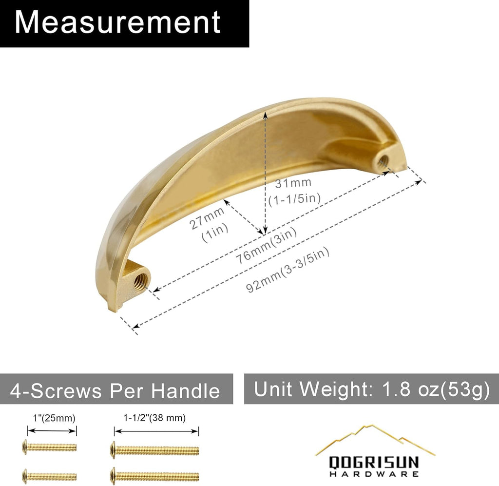 2-Pack Unlacquered Brass Cabinet Cup Pulls, Gold Bin Cup Drawer Dresser Handles, 3-Inch Hole Center, Kitchen Cupboard