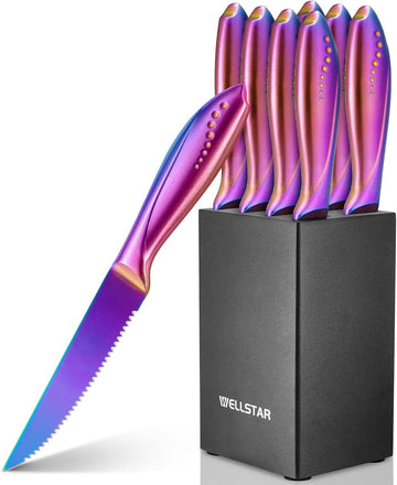 Steak Knives Set of 8 with Wood Block, 4.75 Inch Rainbow Serrated Steak Knife Set, Razor Sharp German Stainless Steel