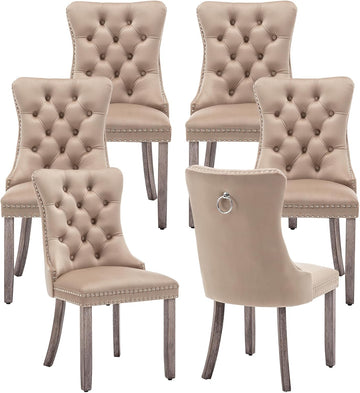 Velvet Dining Chairs Set of 6, Upholstered Dining Room Chairs with Nailhead Ring Pull Trim, Button Tufted Wing Back