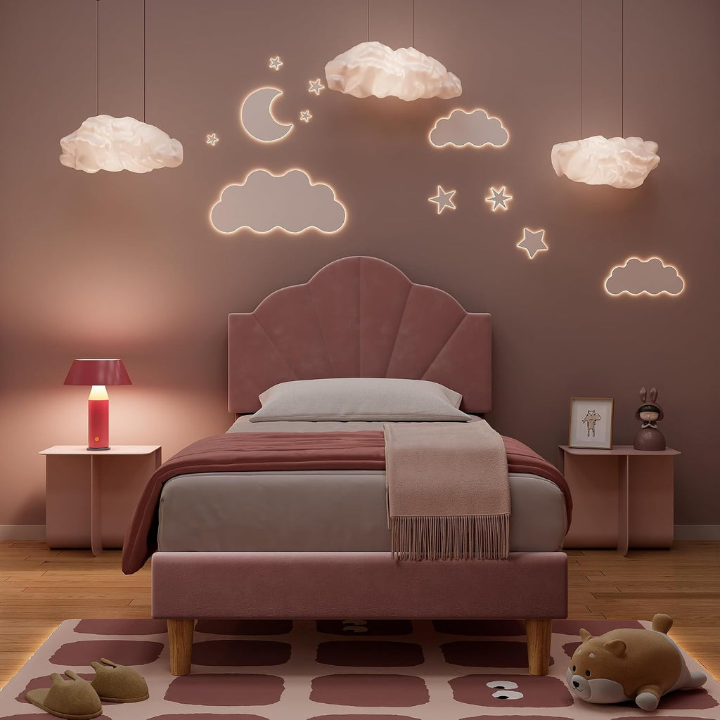 Twin Bed Frame, Velvet Upholstered Platform Bed Frame with Height Adjustable Headboard for Boys & Girls, Wood Slat