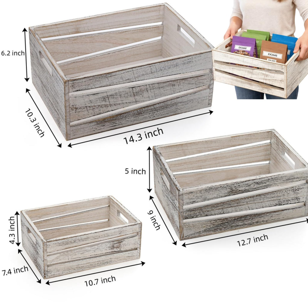 3 Pack Wooden Storage Crates, Rustic Nesting Container Bin with Handles, Decorative Farmhouse Wood Basket, Vintage