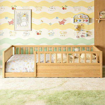 Full Size Floor Bed Frame with 21.4" High Fence, Solid Wood Low Platform Montessori Floor Bed Full for Kids, No Box