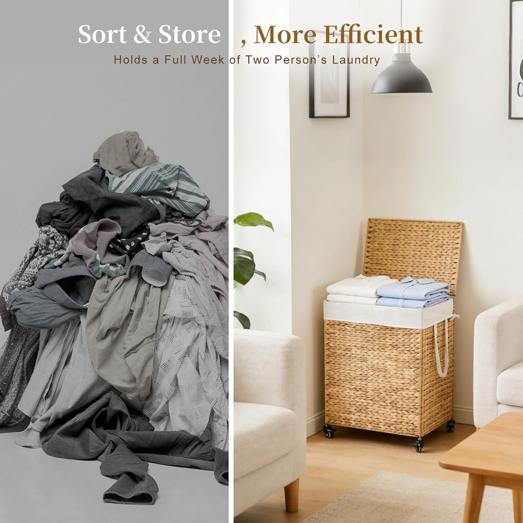 2-Section Laundry Hamper with Lid, Large Capacity Woven Natural Water Hyacinth Laundry Sorter with Removable Liners