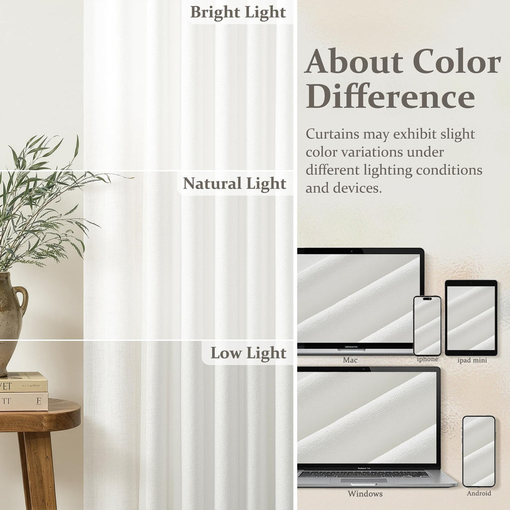 Pinch Pleat Pure White Semi Sheer Curtains 96 Inches Long, Memory Trained Thick Natural Linen Curtain Light