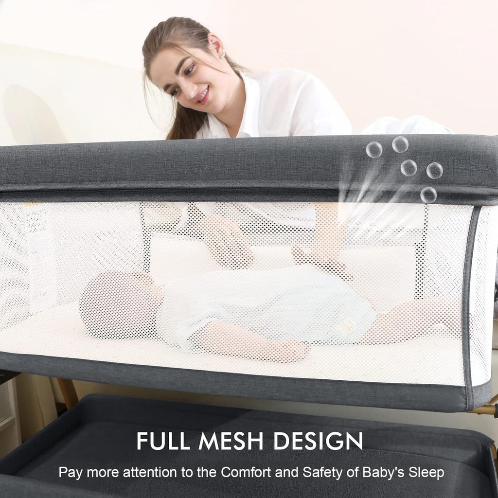 3 in 1 Baby Bassinet, Bedside Bassinet for Baby, Rocking Bassinet with Comfy Mattress and Wheels, 6 Height Adjustable