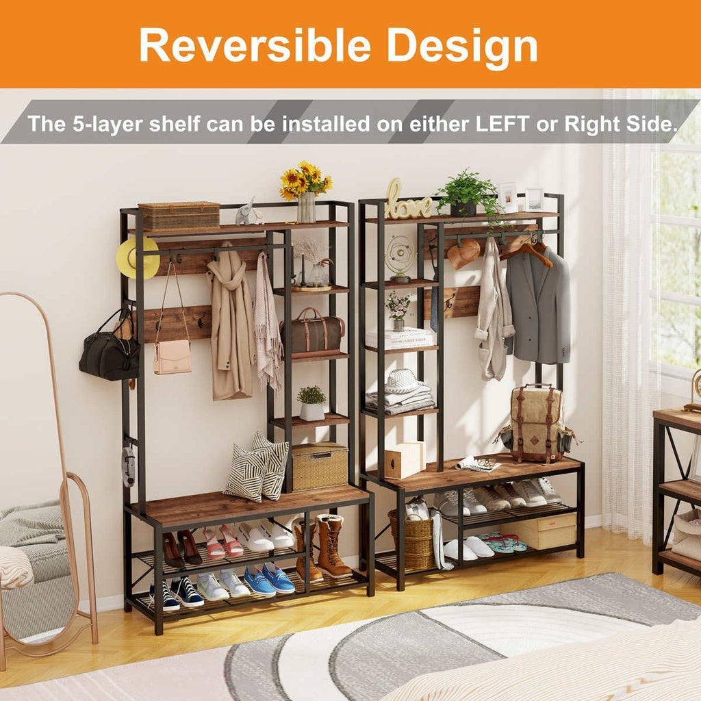 Hall Tree with Shoe Storage, 5-in-1 Reversible Entryway Bench with Coat Hooks , Rustic Wood and Metal Coat Rack with