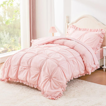 Twin Comforter Set for Girls, Boho Pintuck Bedding Comforter Sets, 4 Pieces Ruffles Jacquard Embroidery Twin Bedding