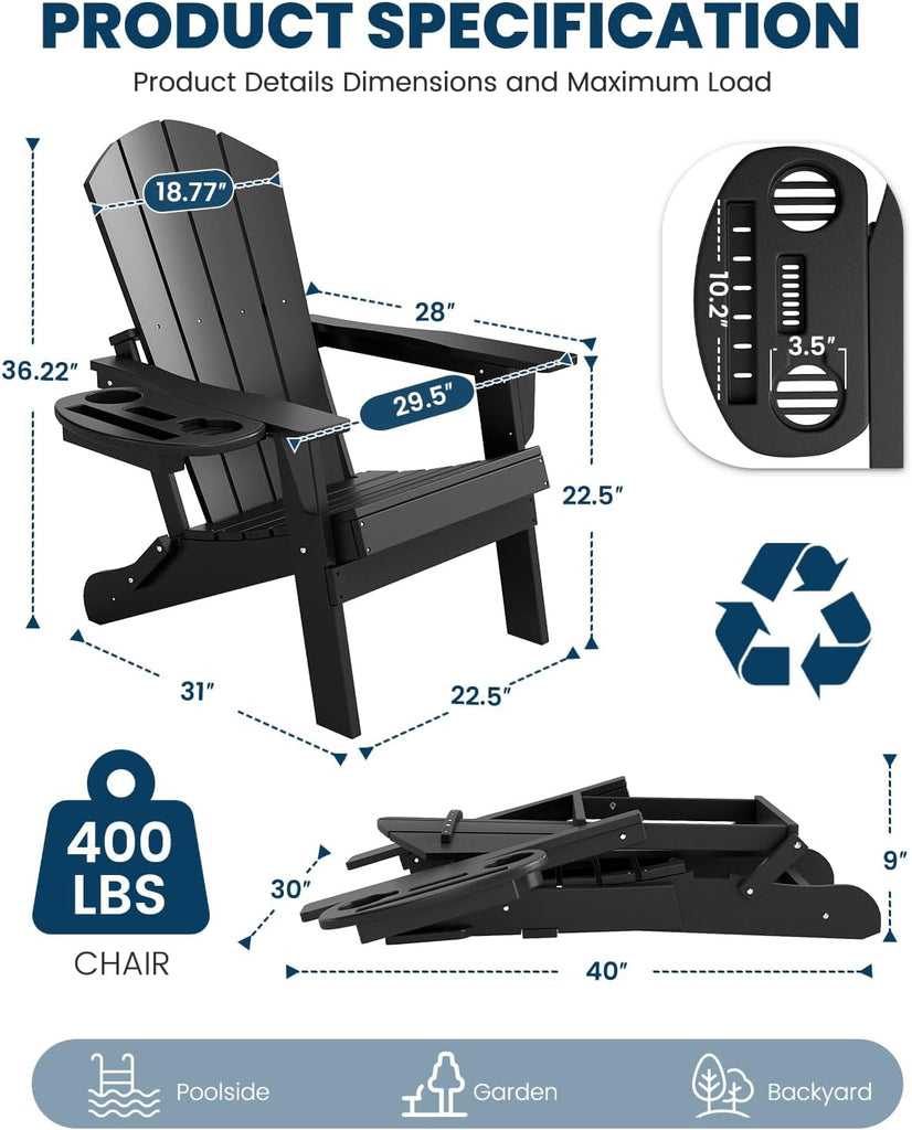 Folding Adirondack Chair Set of 4 with 4-in-1 Cup Holder,Fire Pit Chair | HDPE All-Weather Adirondack Chairs Outdoor