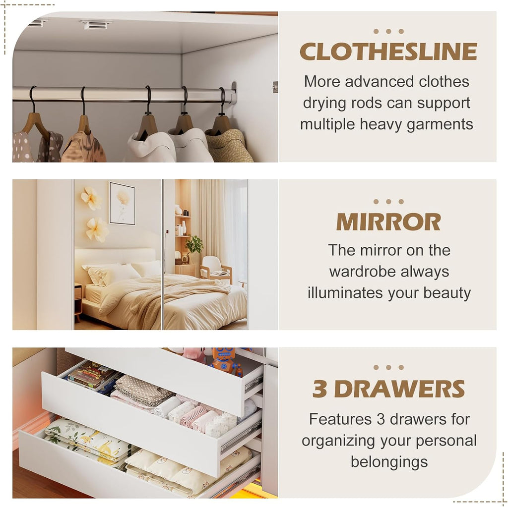3 Doors Armoire Wardrobe Closet, 72.83" H Bedroom Armoires | Clothing Storage Cabinet with Mirror & Lights, 3