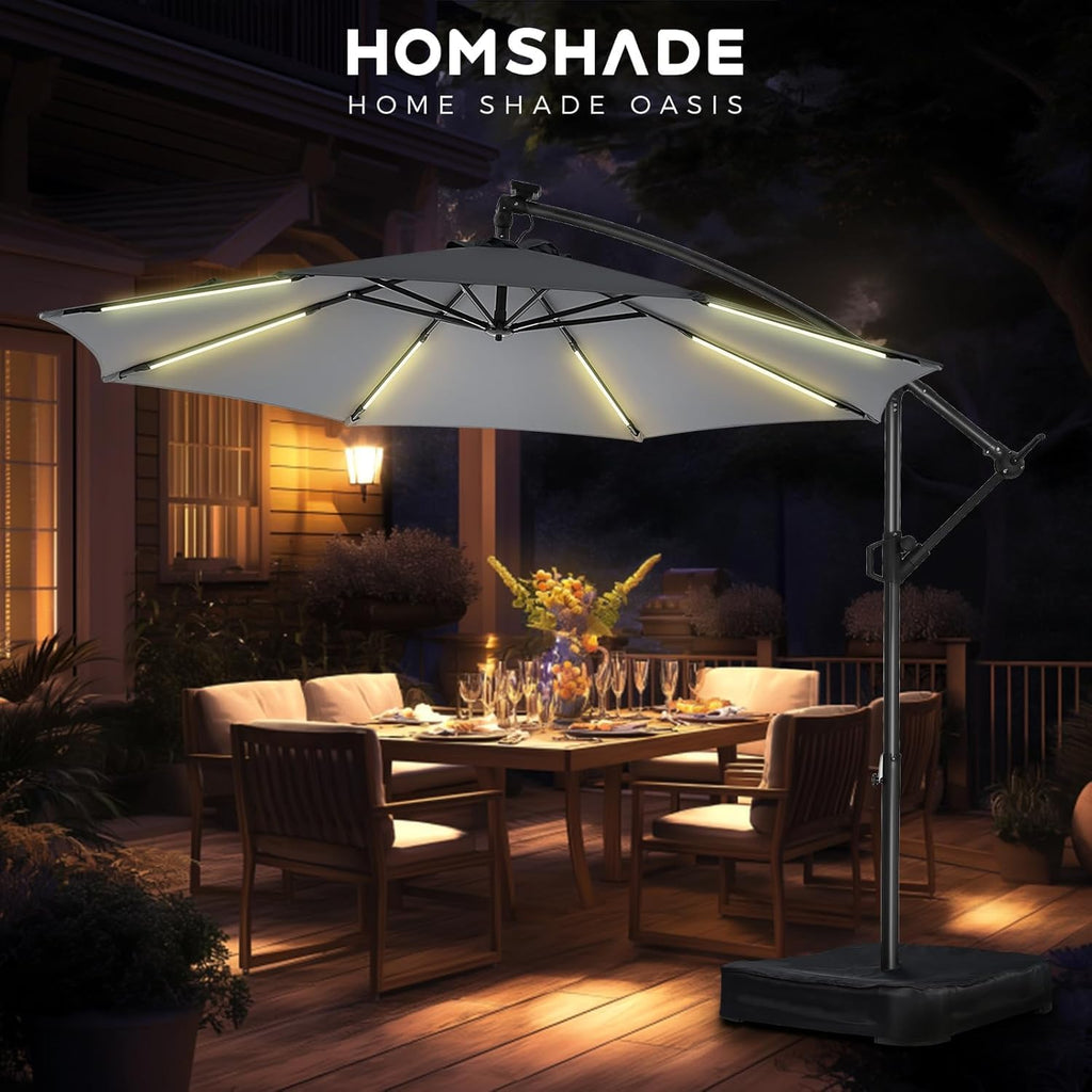 10 ft Offset Patio Umbrella with Solar Lights, LED Lighted Umbrella Outdoor Patio with Base Included