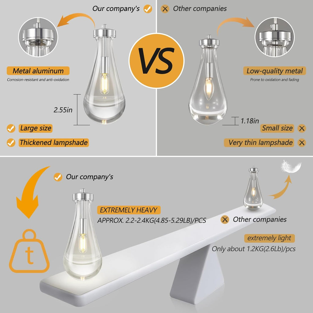 Raindrop Pendant Lights Kitchen Island Teardrop Chrome Hanging Light Fixtures Clear Solid Glass Pendant Light Modern Chandeliers for Dining Room Porch Corridor Living Room (2-Light)