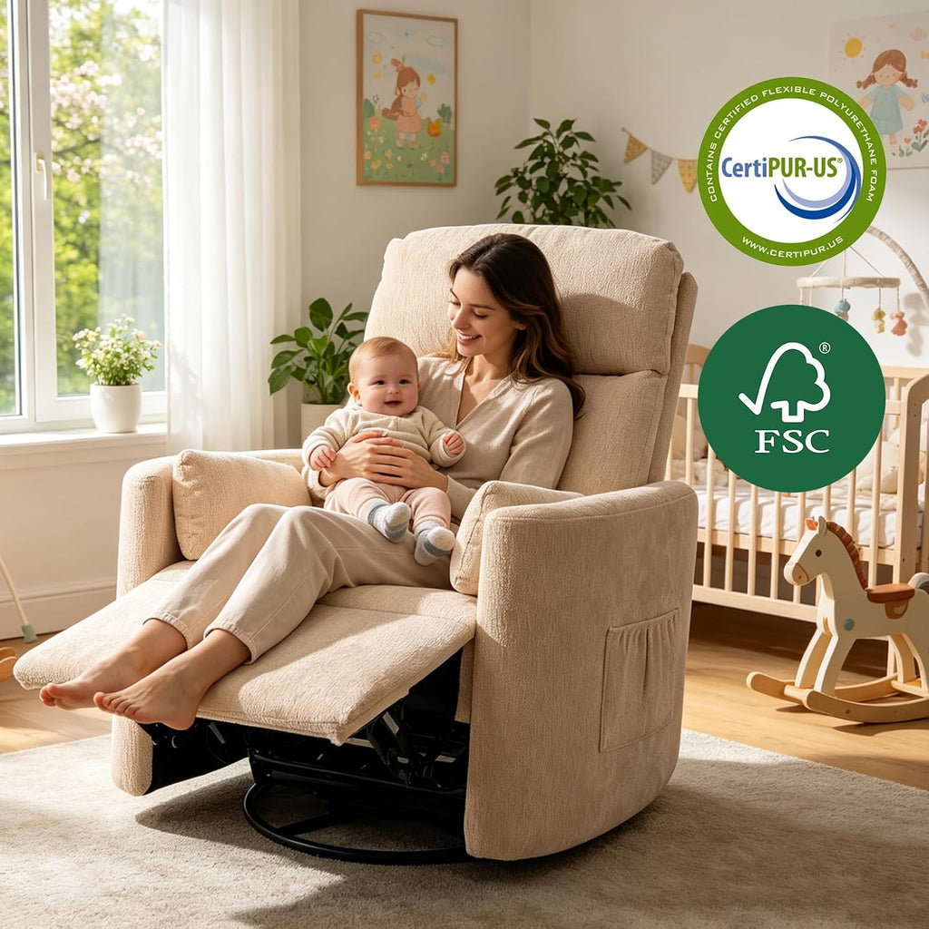 Oversized Swivel Rocker Recliner Chair with Heat and Massage, Rocking Chair Nursery with Adjustable Headrest, Manual