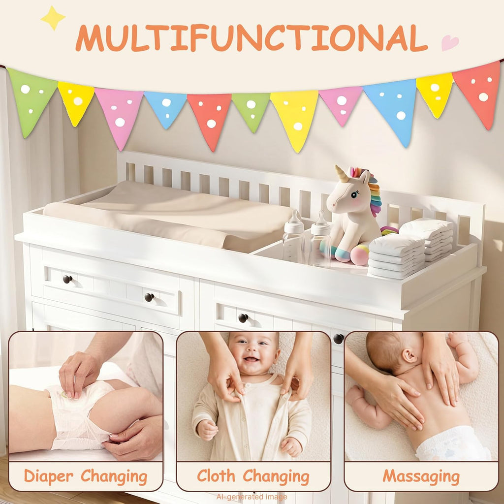 Large Nursery Dresser with Drawers, 47'' White Baby Diaper Changing Table | Wood Changing Station for Infants