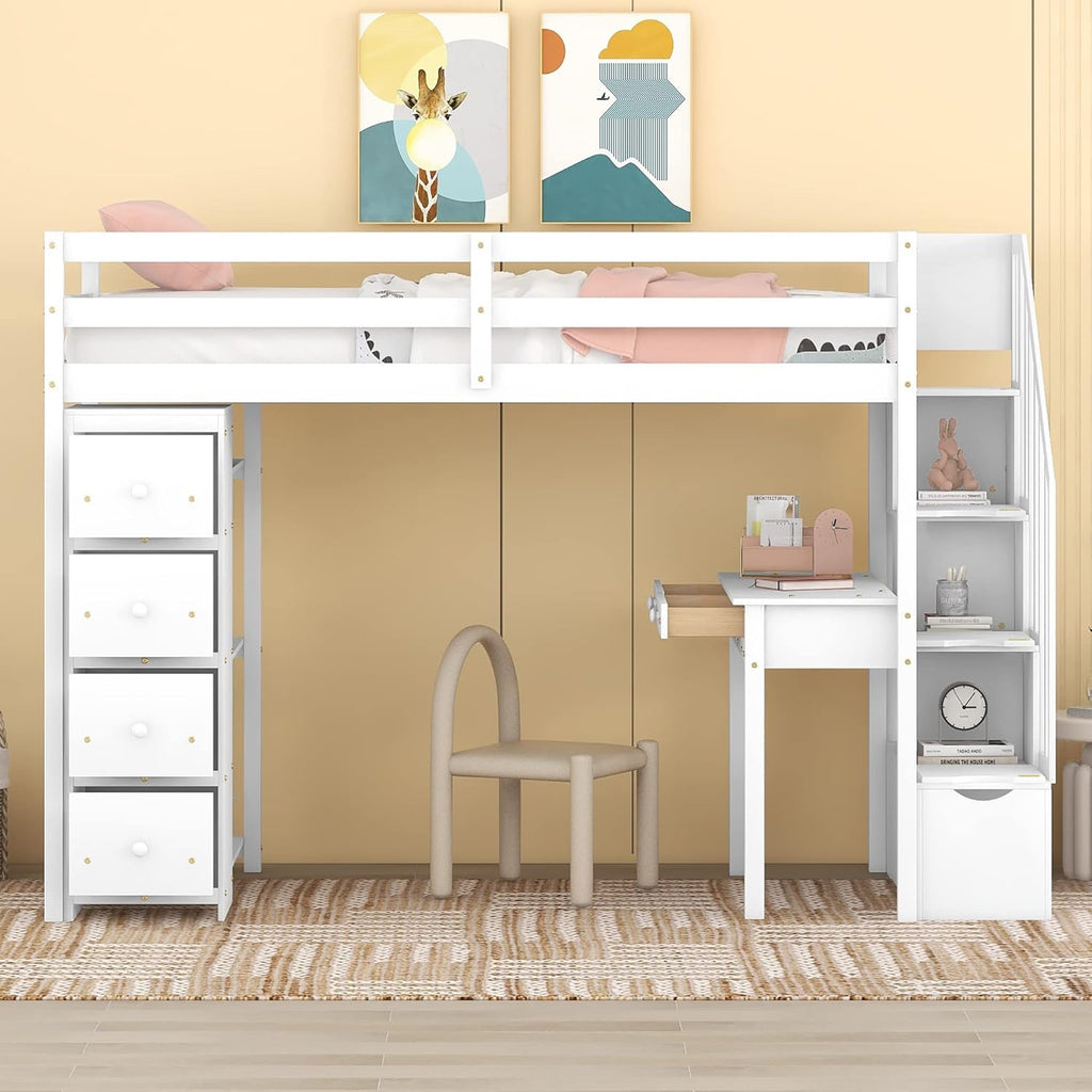 Loft Bed Twin with Desk and Storage Stairs, Space-Saving Wood Bed Frame with Drawers and Shelves