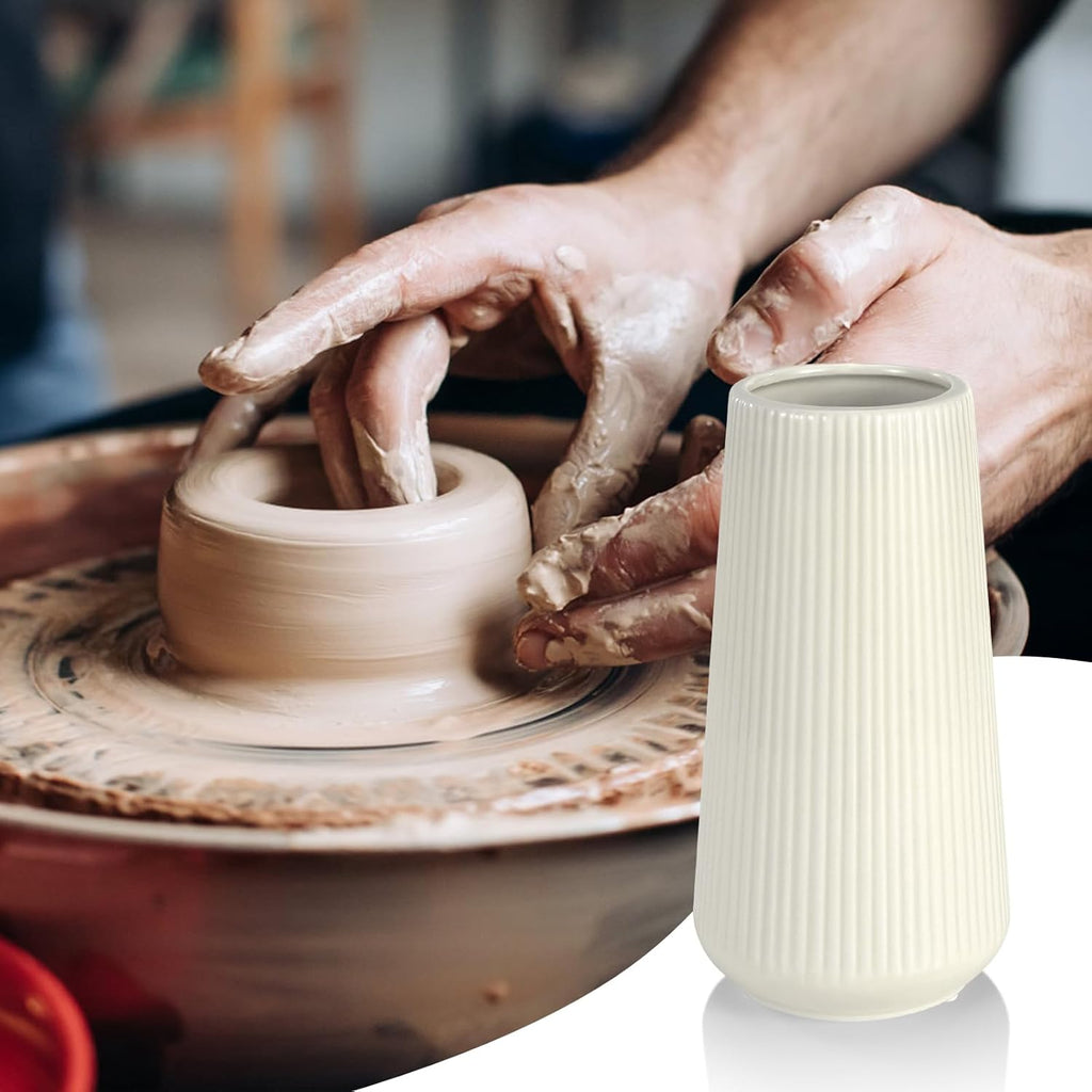 Beige Ceramic Vase, Small Cute Flower Vase for Pampas Grass, Home, Living Room, Dining Table, Farmhouse, Office