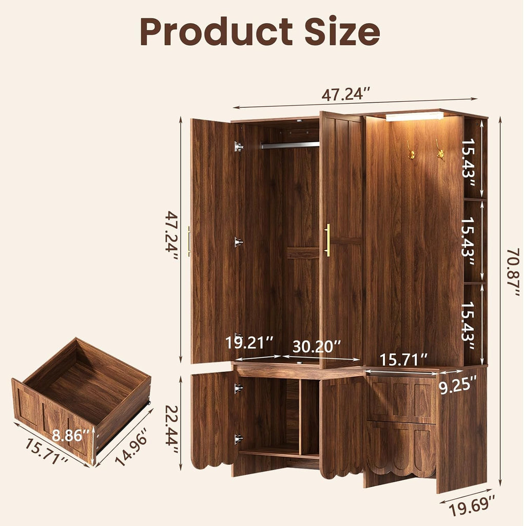 Armoire Wardrobe Closet with 2 Drawers, 3 Open Shelves, Sensor Light, 71" Tall Bedroom Armoire with Hanging Hooks and