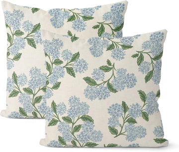 Spring Pillow Covers 18x18 Inch 2 Pcs Blue Green Hydrangea Flower Decor Throw Pillows Vintage Floral Seasonal Summer