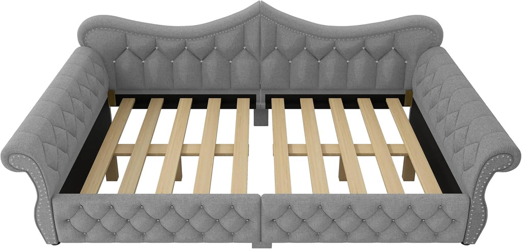 Queen Size Upholstered Daybed with LED Lights, Convertible Sofa Bed with Nailhead Trim, Tufted Design, Wooden Frame