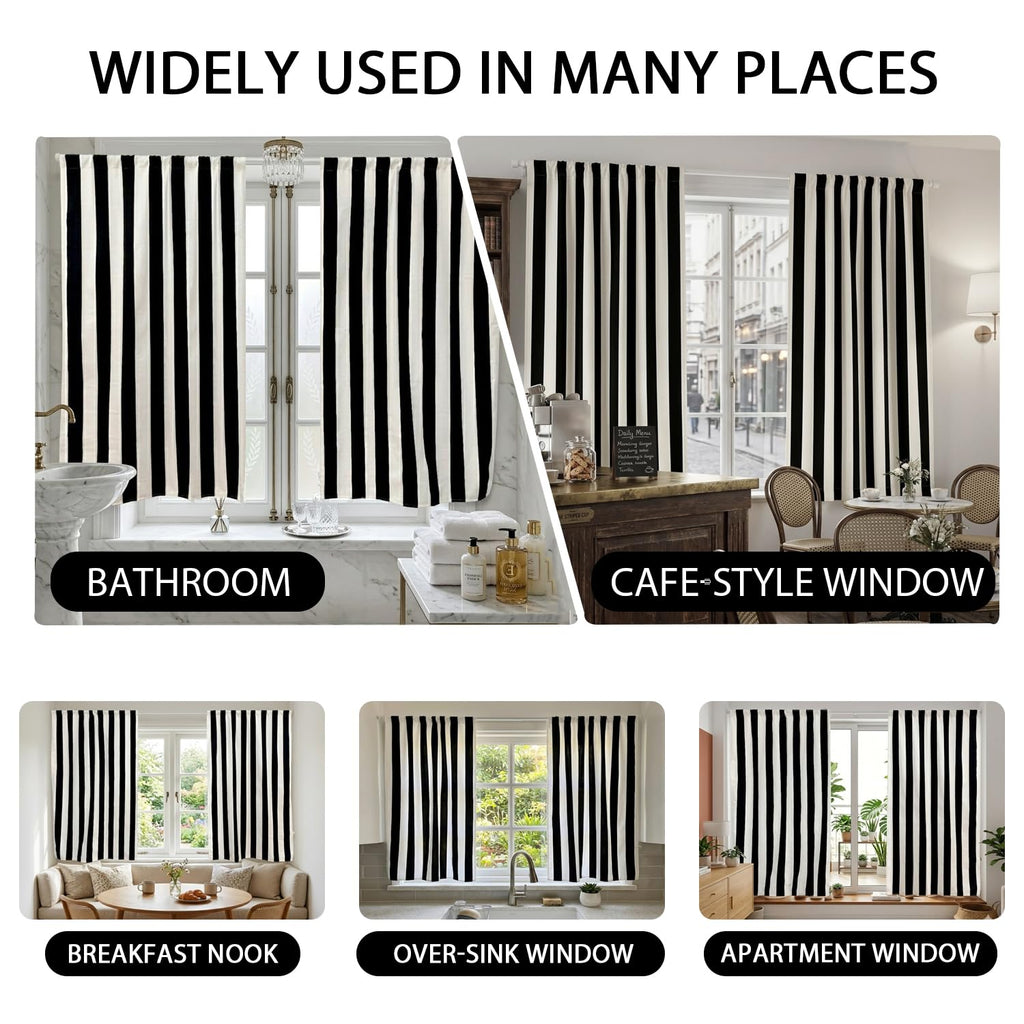 Black and White Striped Curtains 63 Inch Length, 2 Panel Set Vertical Stripe Farmhouse Drapes, Modern Goth Room