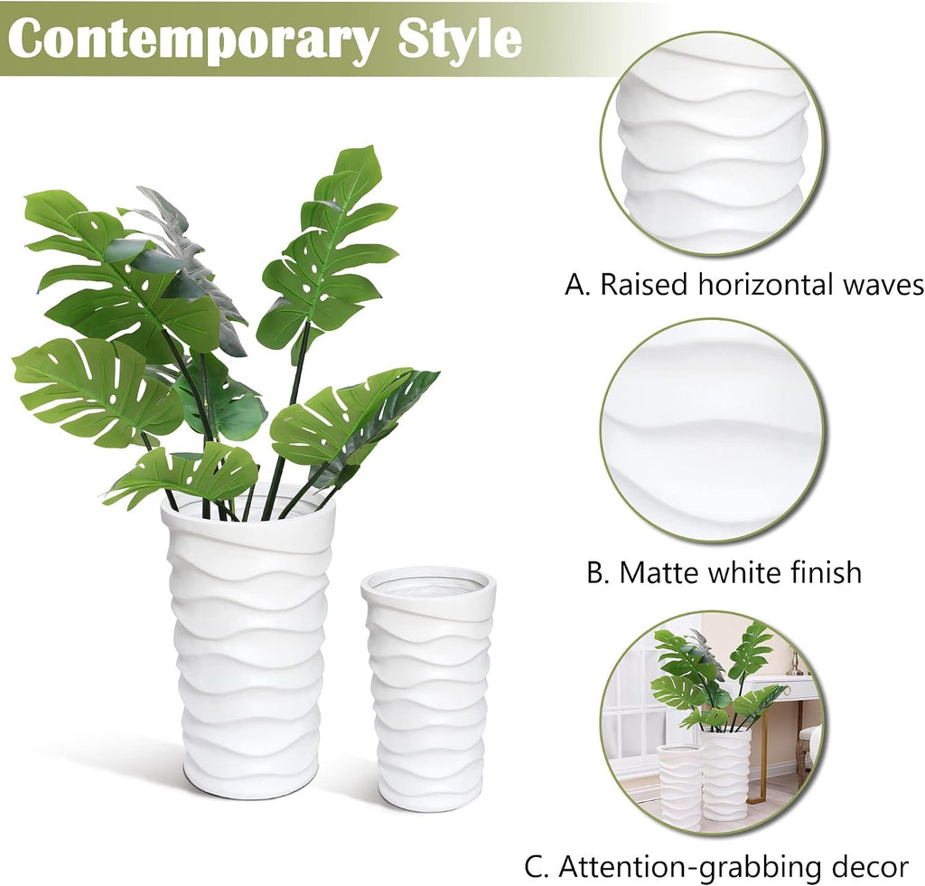 Tall Planters for Outdoor Plants, Set of 2 Garden White | With Drainage Hole and Rubber Plug, Modern White