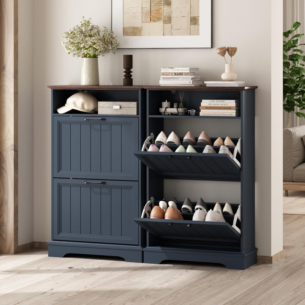 Shoe Storage Cabinet with 2 Flip Drawers, 24" W Farmhouse Modern Hidden Shoes Rack with Adjustable Shelves & Open