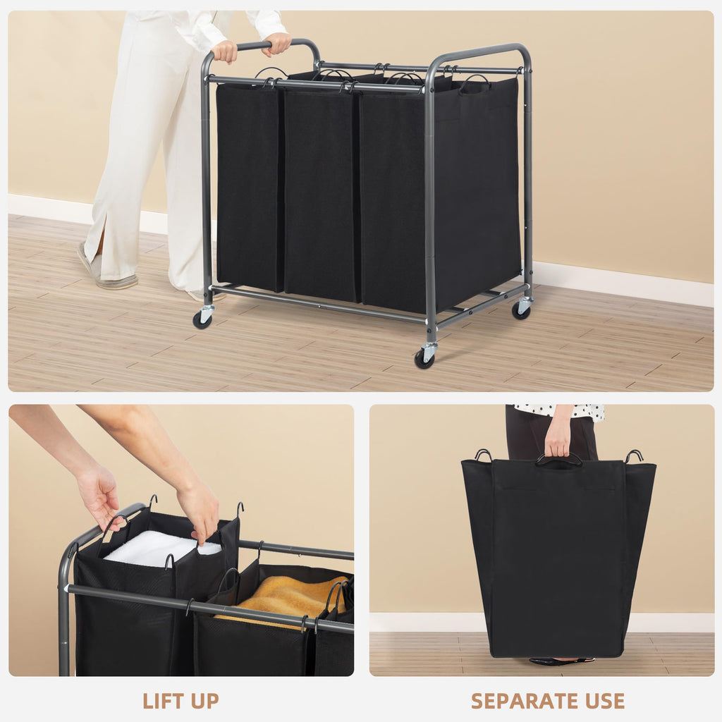 3 Section Laundry Sorter, Laundry Hamper with Wheels, Black