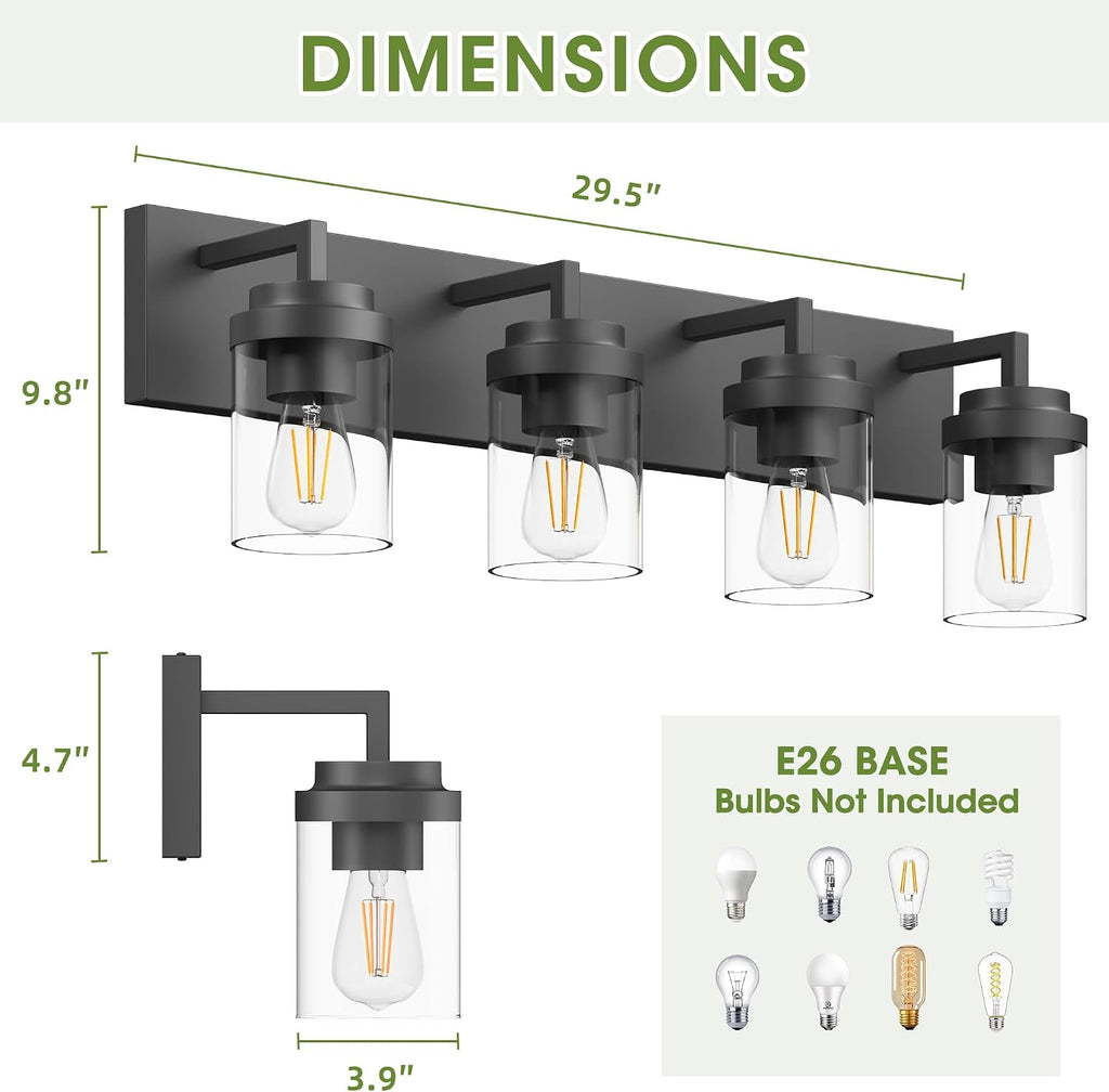 Bathroom Vanity Light, 4 Light Matte Black Vanity Light with Clear Glass Shade, 30in Farmhouse Vanity Light, Bathroom