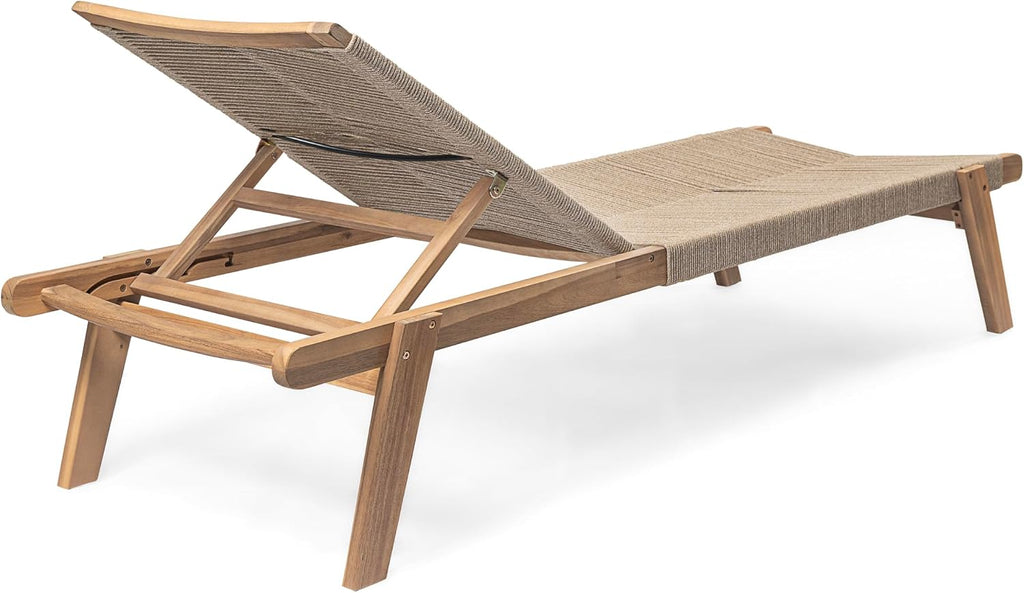 Set of 4 Outdoor Patio Wood Adjustable Chaise Lounges with Rope Seating, Rope Chaise Lounge with Acacia Wood