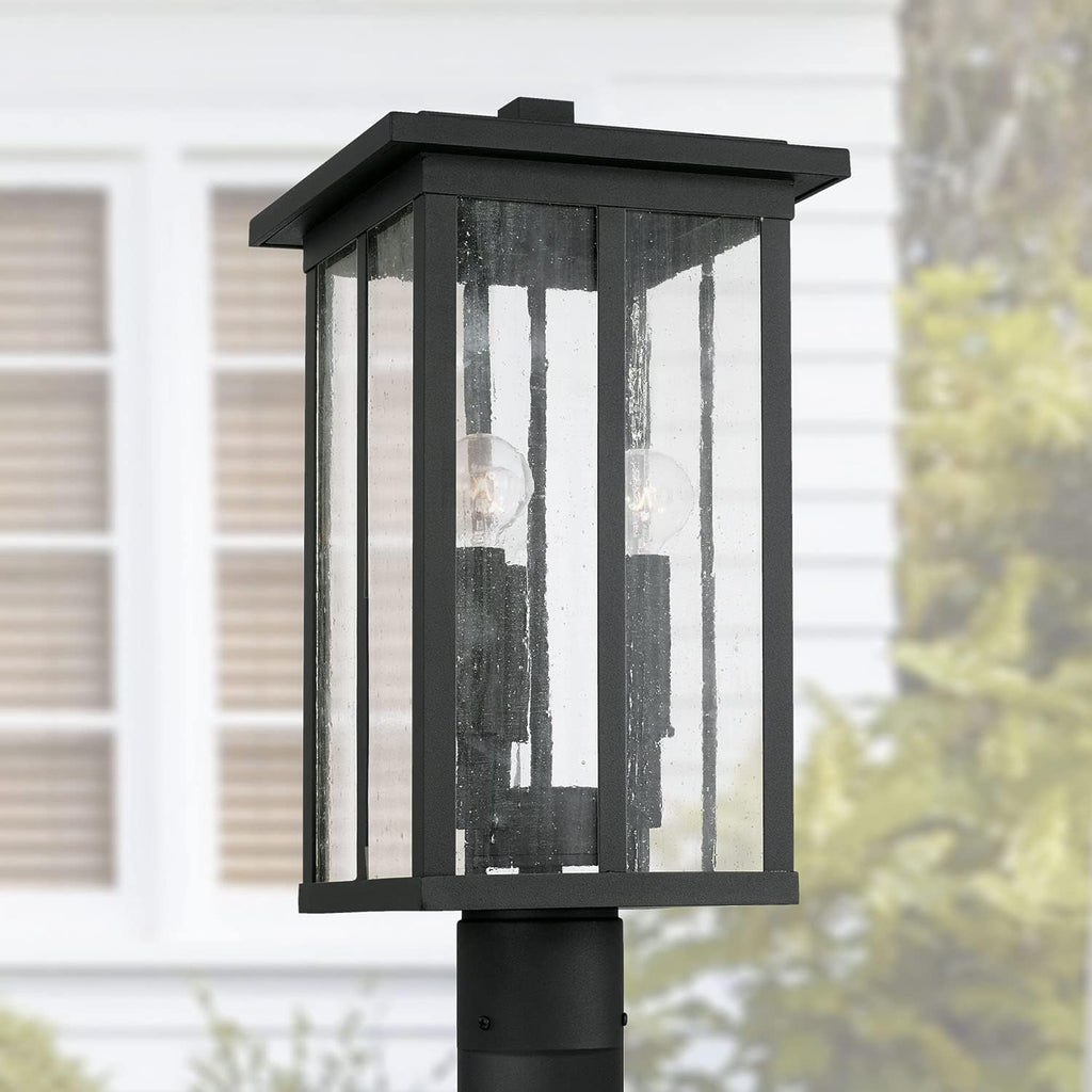 Barrett Antiqued Glass Rectangular Outdoor Post Lantern, 3-Light 180 Total Watts, 19" H x 9" W, Black