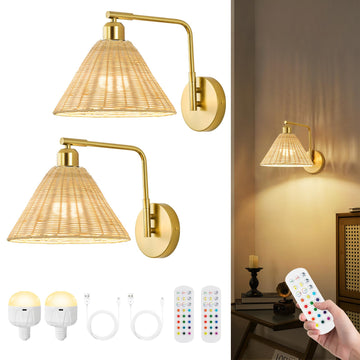 Rattan Rechargeable Wall Sconce Set of 2, Gold Battery Operated Wall Lights with Remote, Hand Woven Boho Sconces