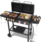 Charcoal and 2-Burner Propane Gas Grill Combo, Dual Fuel BBQ Grill with Stainless Steel Griddle and Porcelain Cast Iron Grates