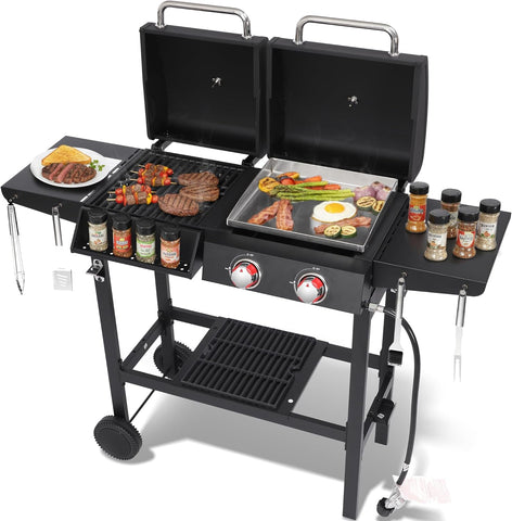 Charcoal and 2-Burner Propane Gas Grill Combo, Dual Fuel BBQ Grill with Stainless Steel Griddle and Porcelain Cast Iron Grates