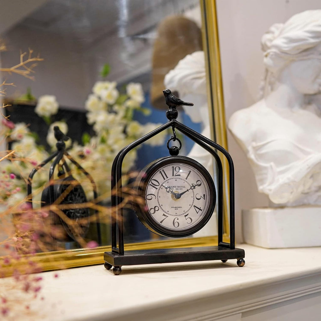 DESIGN 7.5'' x 10'' Mantel Clock Iron Tower Frame, Creative Bird Ornament Tabletop Clock