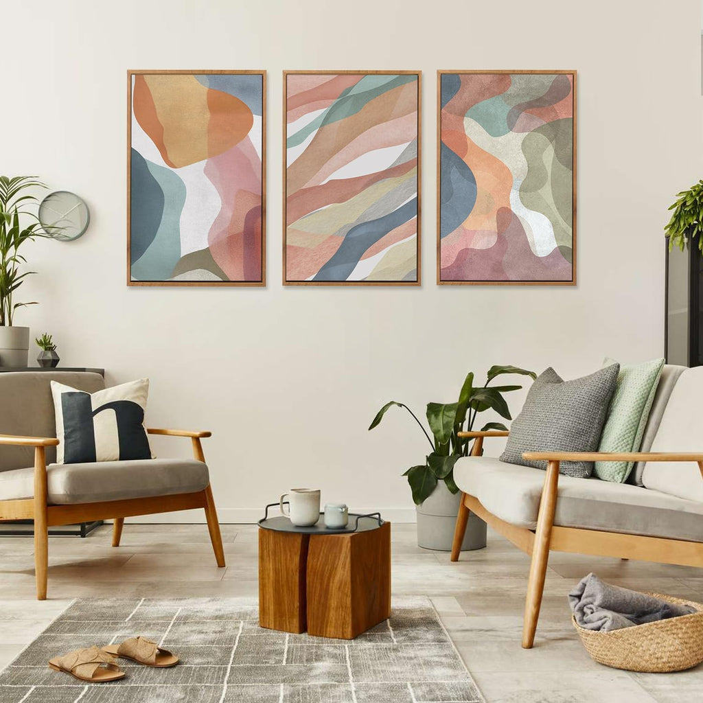 Abstract Watercolor Framed Canvas Wall Art Paintings(16"x24"), 3 Panels Colorful Red Green Yellow Blue White Artwork