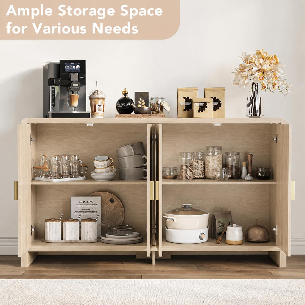 Rattan Sideboard Buffet Cabinet with Storage, 55" Accent Cabinet with Arch Doors & Adjustable Shelves
