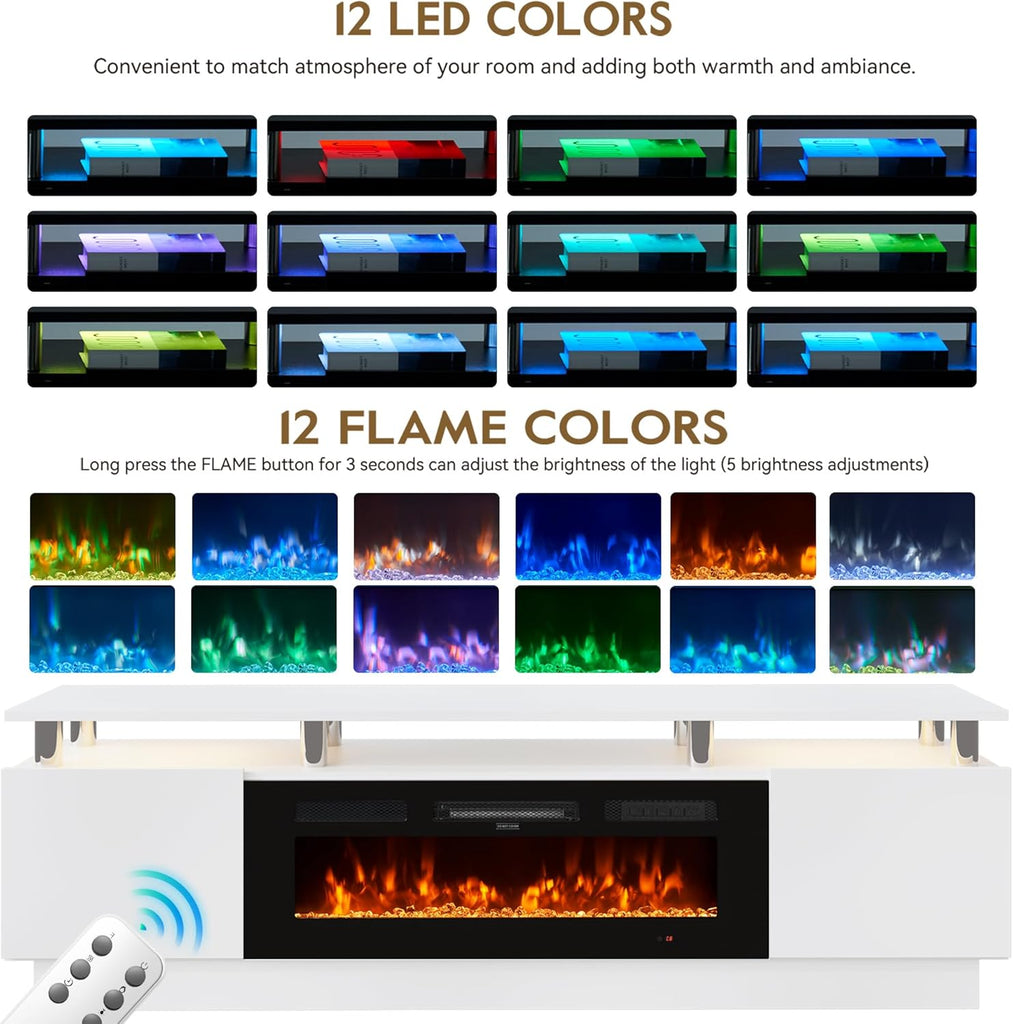 70" Fireplace TV Stand for TVs UP to 80", Electric Fireplace Entertainment Center with LED Lights & Storage Cabinets