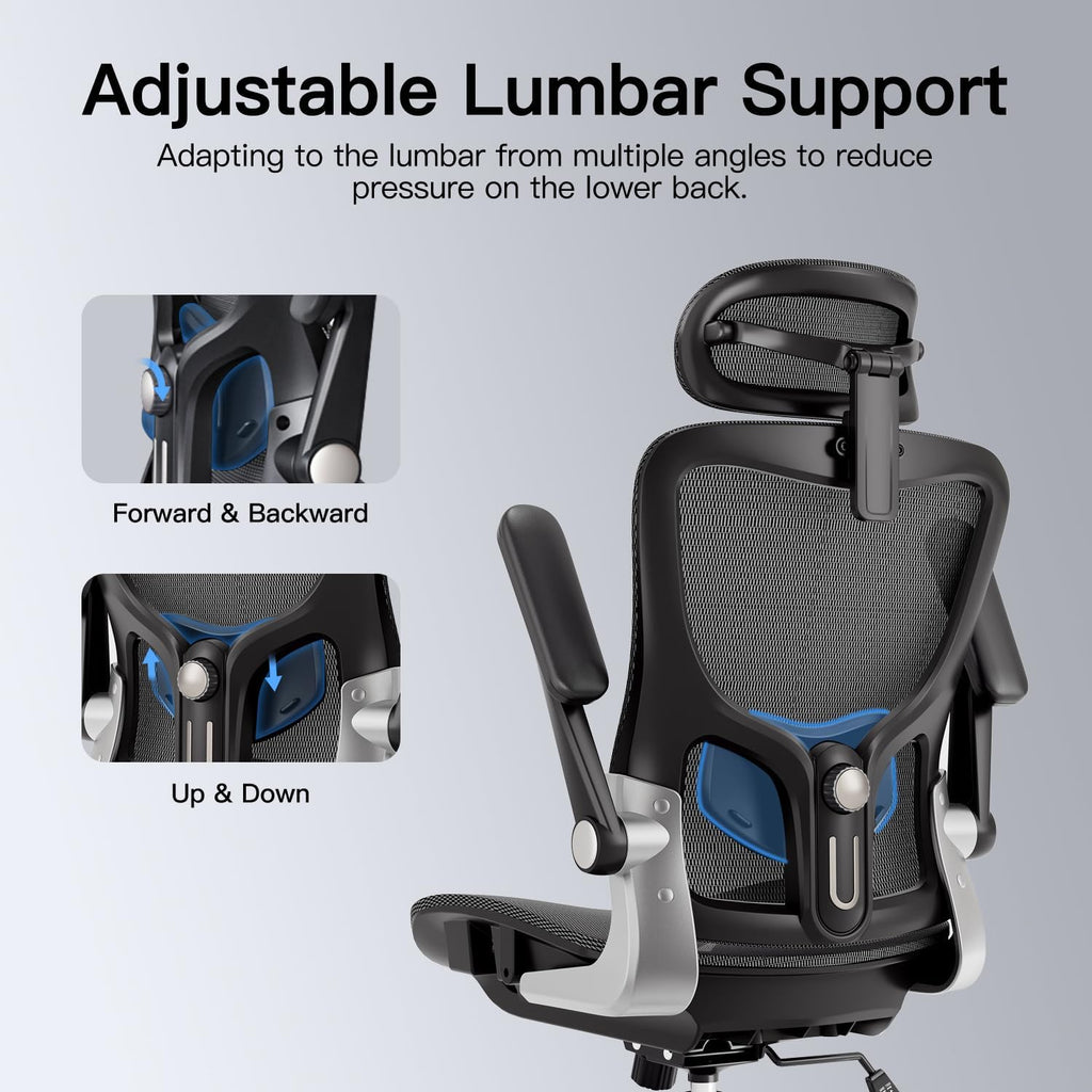 Ergonomic, Mesh Desk Chair with 3D Armrests, Adjustable Lumbar Support and Headrest, 90-120° Rocking Function, Black
