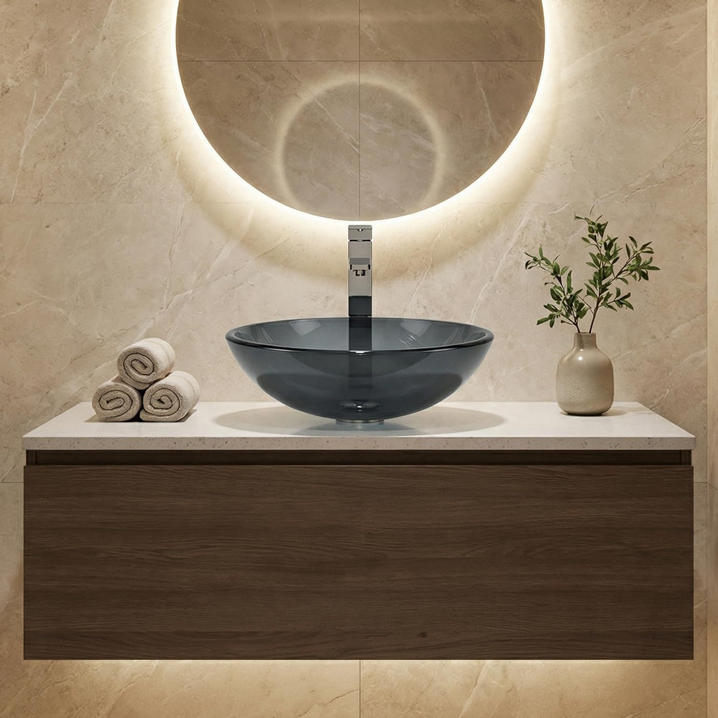 Bathroom Vessel Sink, Tempered Glass Vanity Round Bowl with Chrome Faucet and Pop up drain Set, Bluish Grey