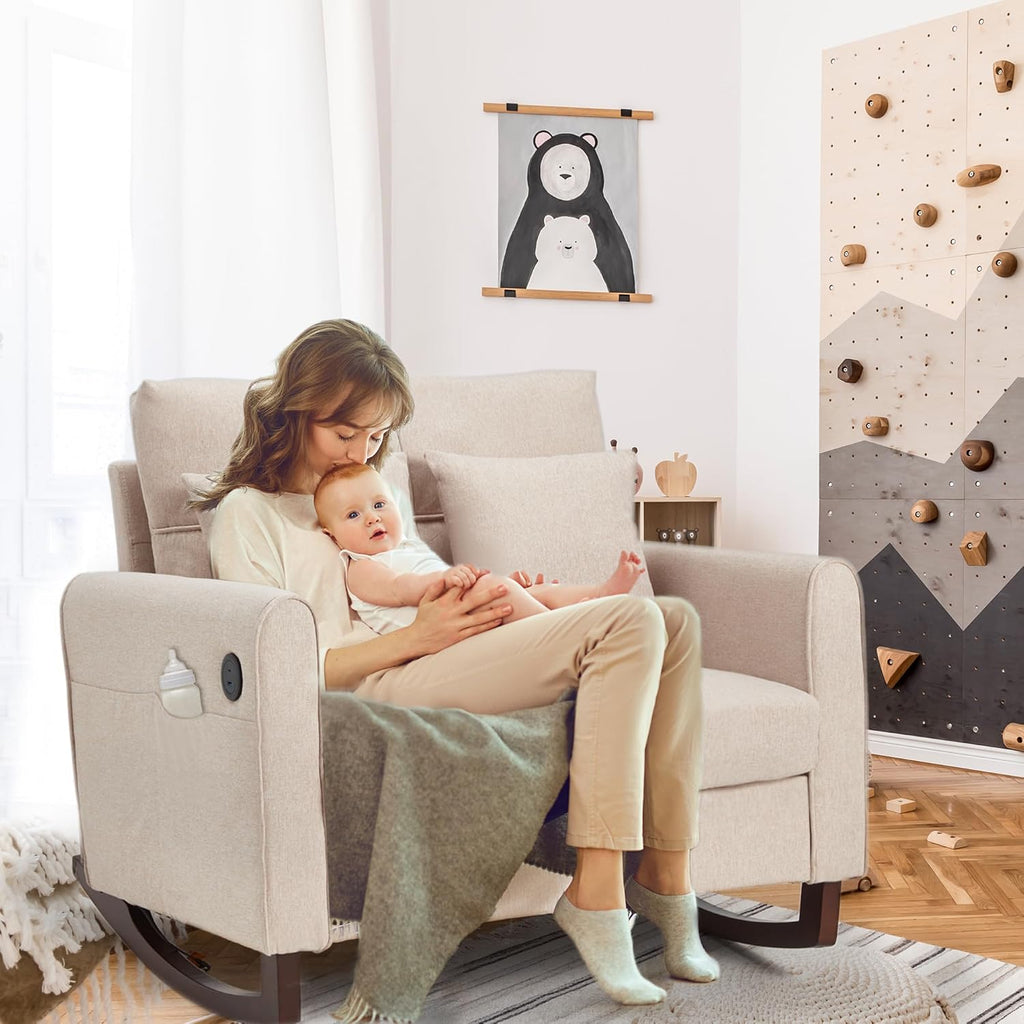 Upholstered Oversize Rocking Chair, Nursery Rocking Chair with High Back and Side Pocket USB Port, Double Wide Rocker